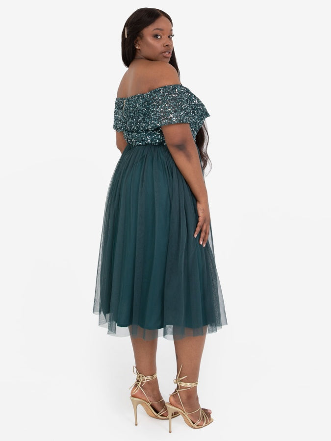 Maya Emerald Green Bardot Embellished Midi Dress