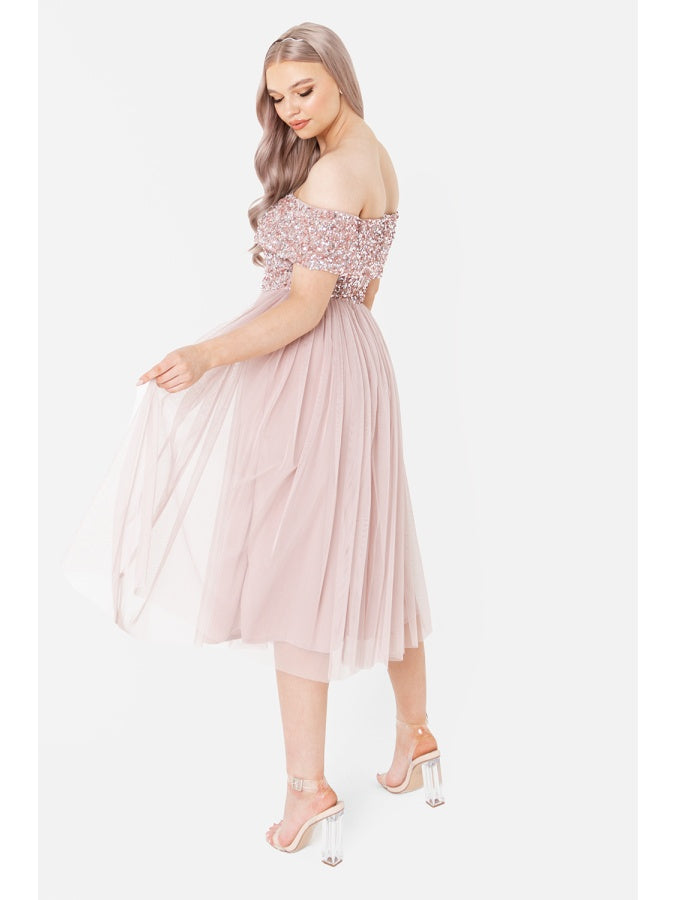 Maya Frosted Pink Bardot Embellished Midi Dress