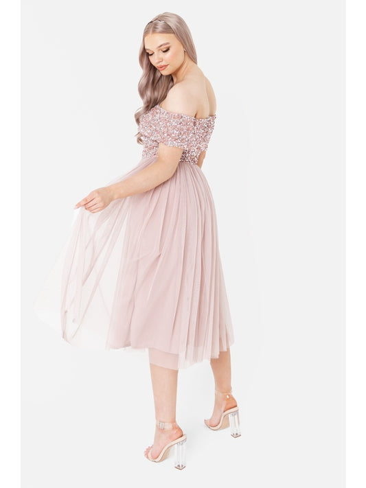 Maya Frosted Pink Bardot Embellished Midi Dress