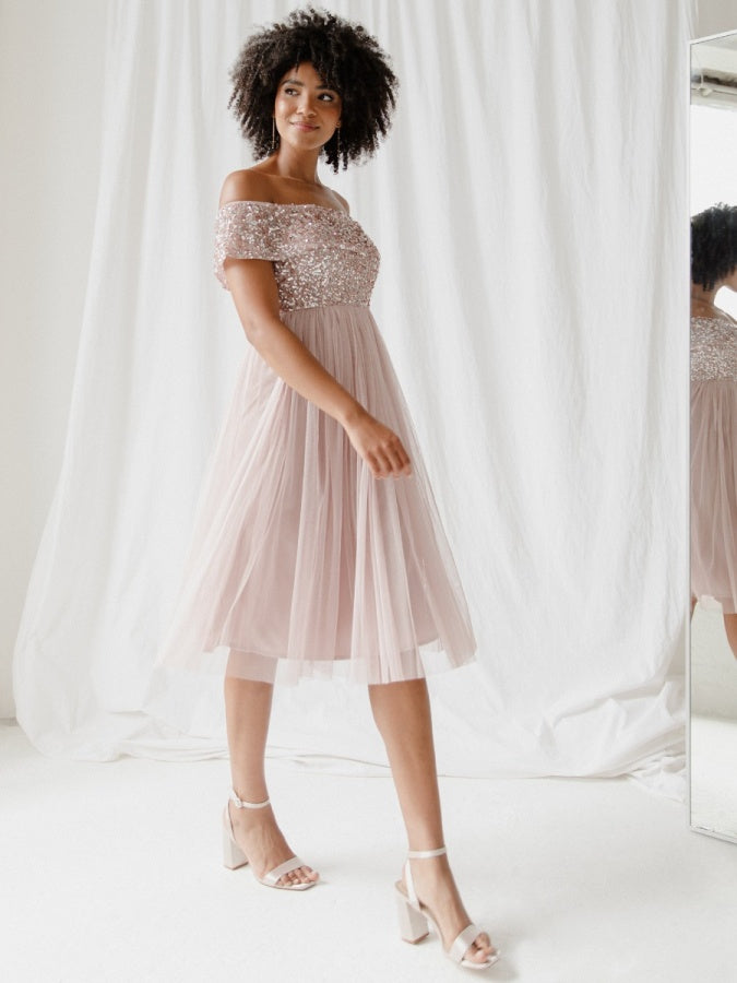 Maya Frosted Pink Bardot Embellished Midi Dress