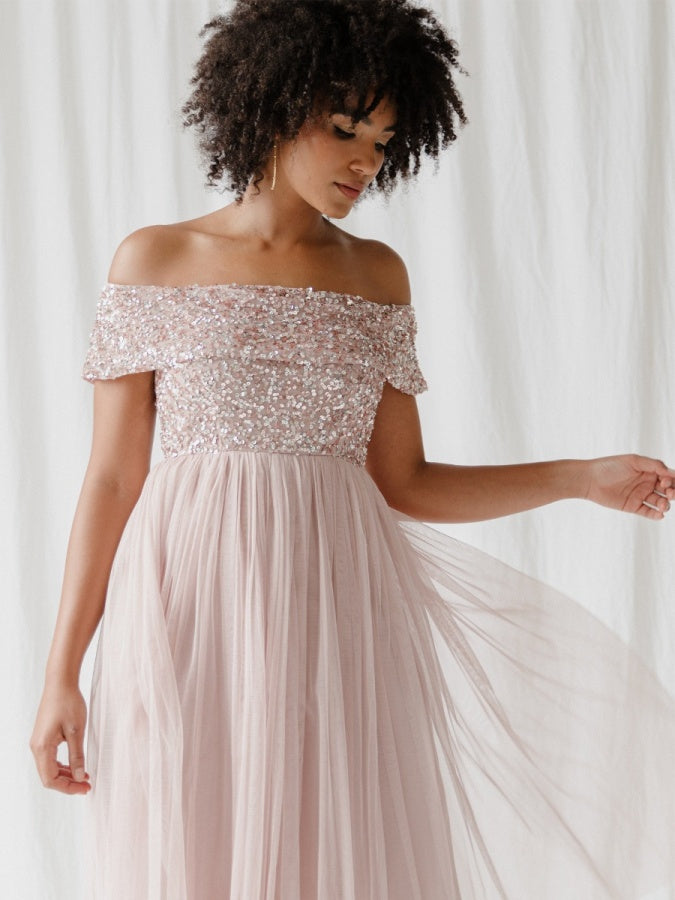 Maya Frosted Pink Bardot Embellished Midi Dress