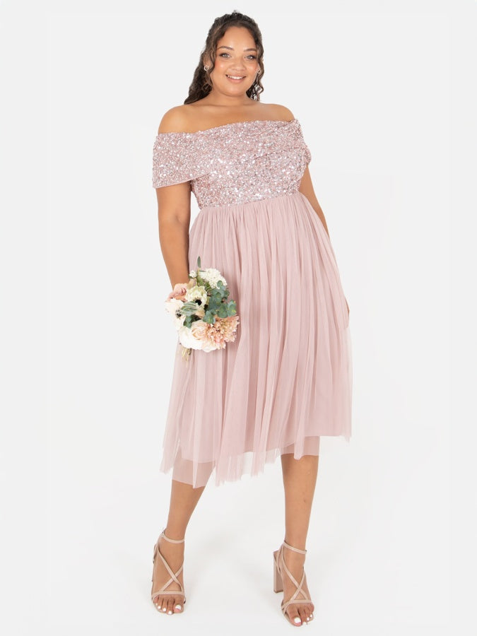Maya Frosted Pink Bardot Embellished Midi Dress