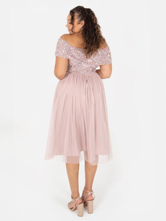 Maya Frosted Pink Bardot Embellished Midi Dress