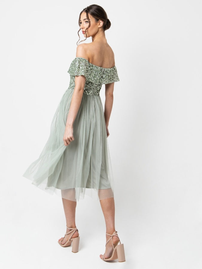 Maya Sage Green Bardot Embellished Midi Dress