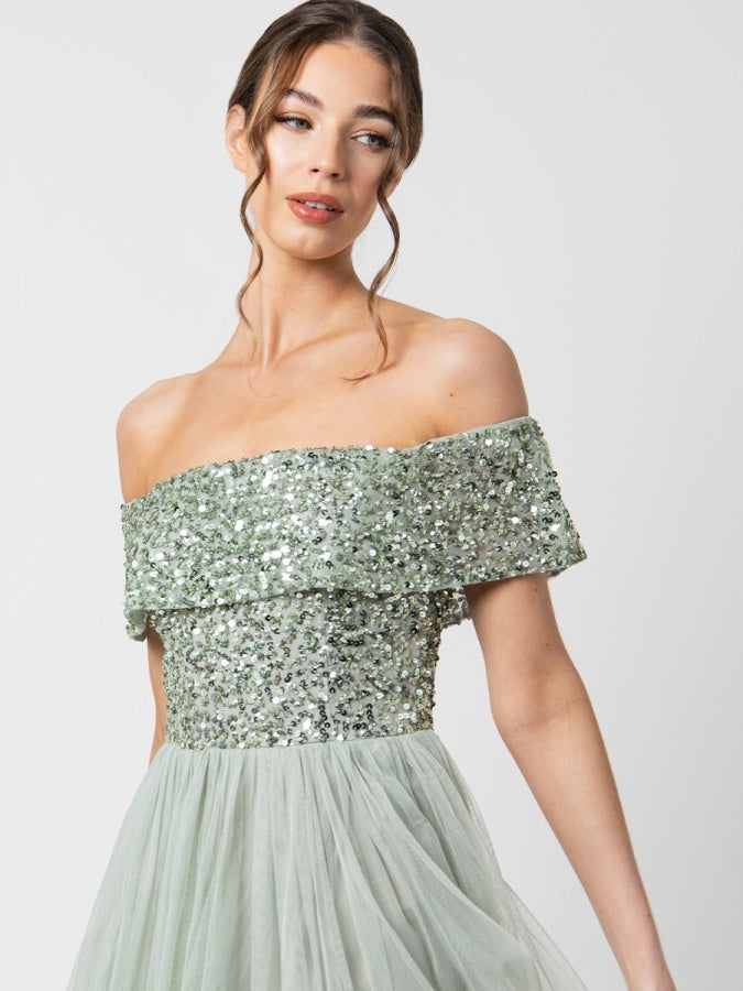 Maya Sage Green Bardot Embellished Midi Dress