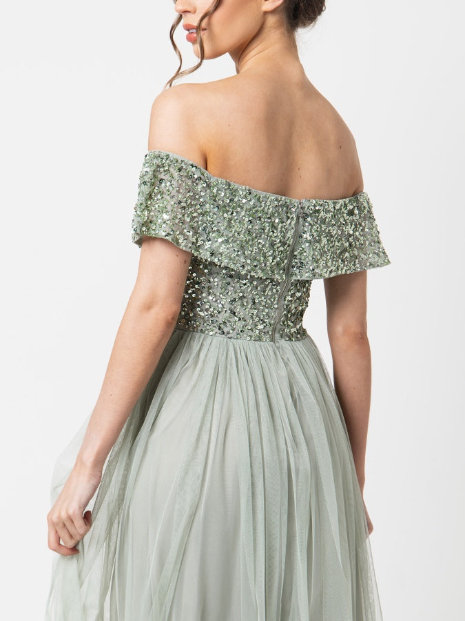 Maya Sage Green Bardot Embellished Midi Dress