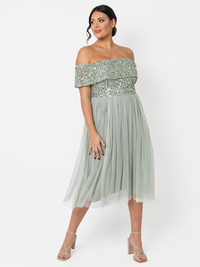 Maya Sage Green Bardot Embellished Midi Dress