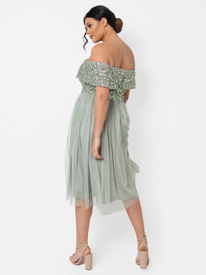 Maya Sage Green Bardot Embellished Midi Dress