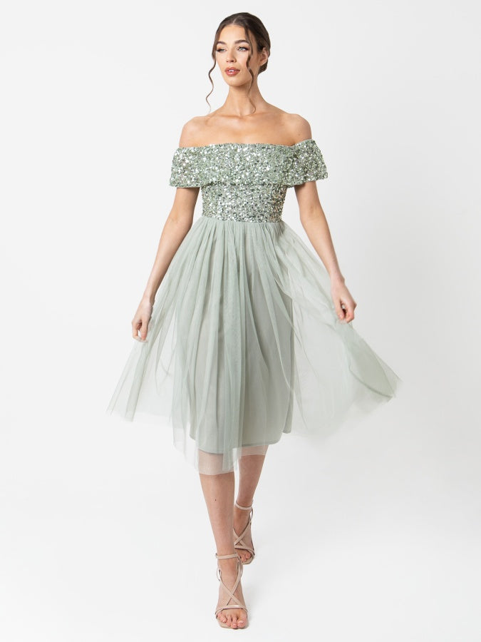 Maya Sage Green Bardot Embellished Midi Dress