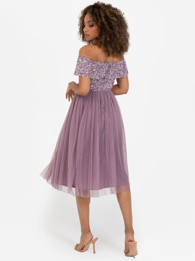 Maya Moody Lilac Bardot Embellished Midi Dress