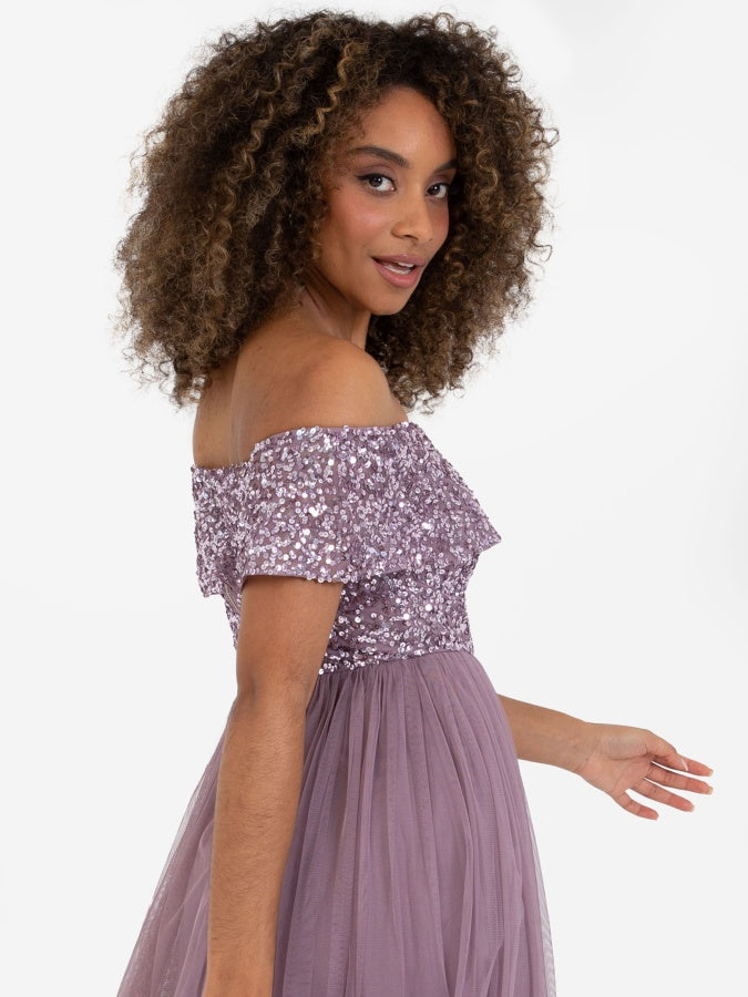 Maya Moody Lilac Bardot Embellished Midi Dress