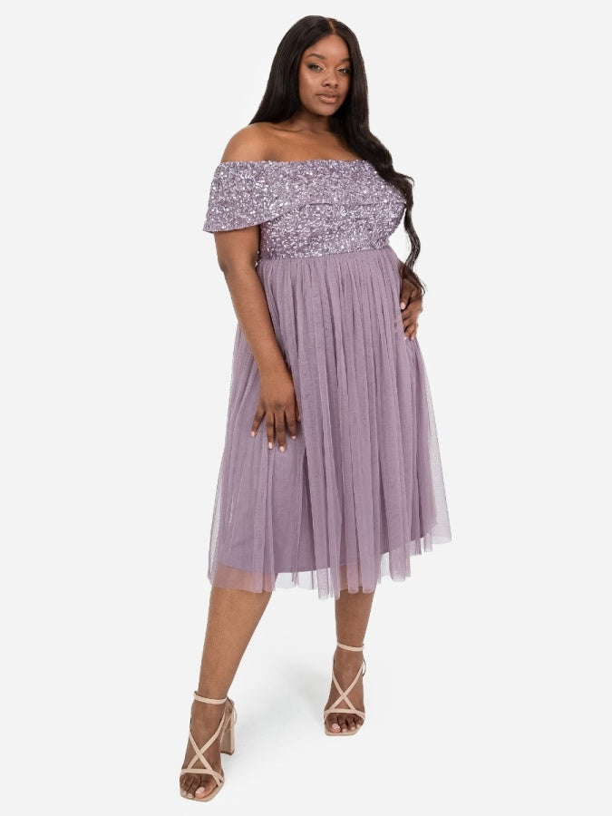 Maya Moody Lilac Bardot Embellished Midi Dress