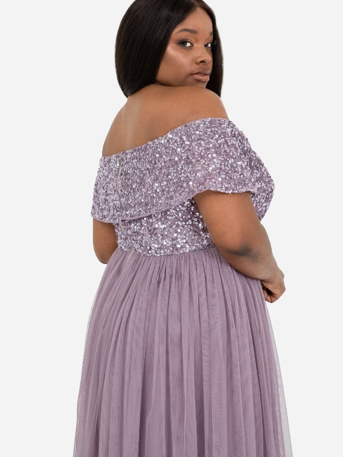 Maya Moody Lilac Bardot Embellished Midi Dress
