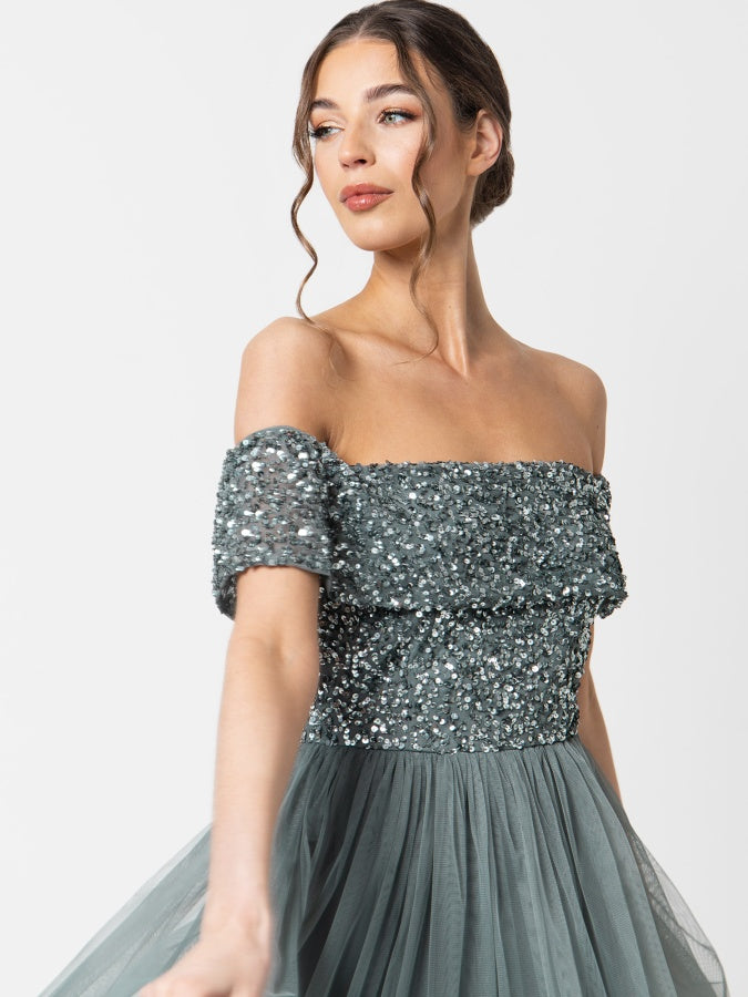 Maya Misty Green Bardot Embellished Midi Dress
