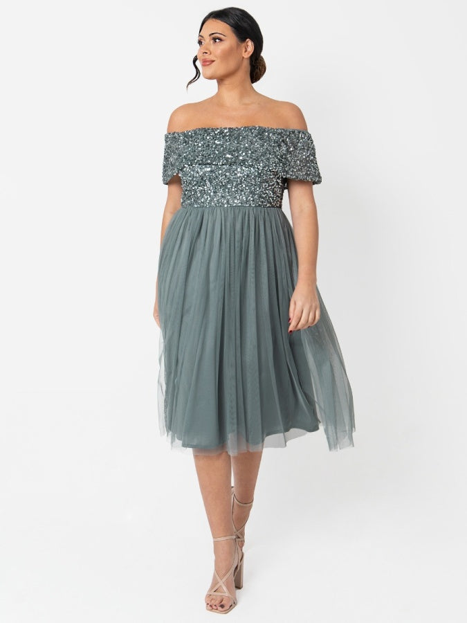 Maya Misty Green Bardot Embellished Midi Dress