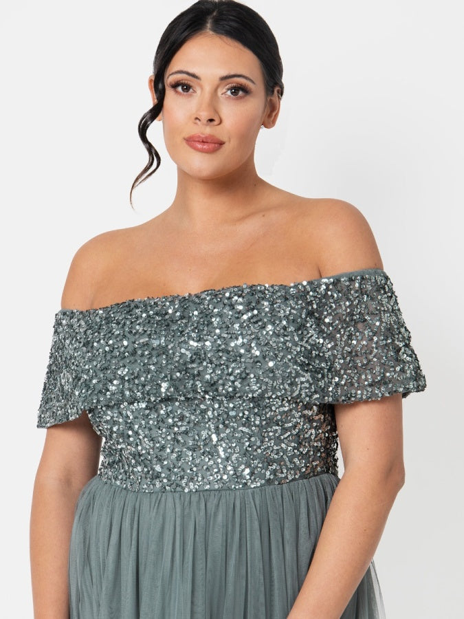 Maya Misty Green Bardot Embellished Midi Dress