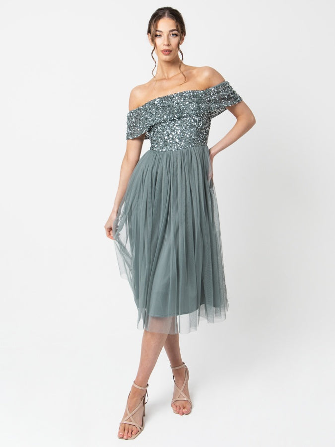 Maya Misty Green Bardot Embellished Midi Dress