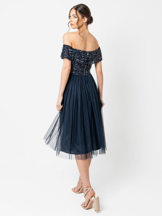 Maya Navy Bardot Embellished Midi Dress