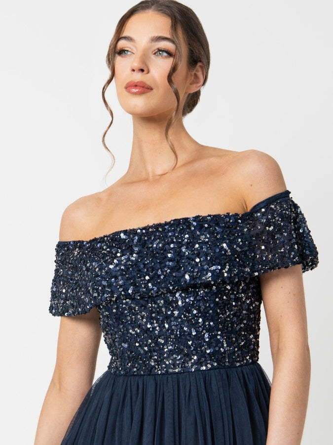 Maya Navy Bardot Embellished Midi Dress