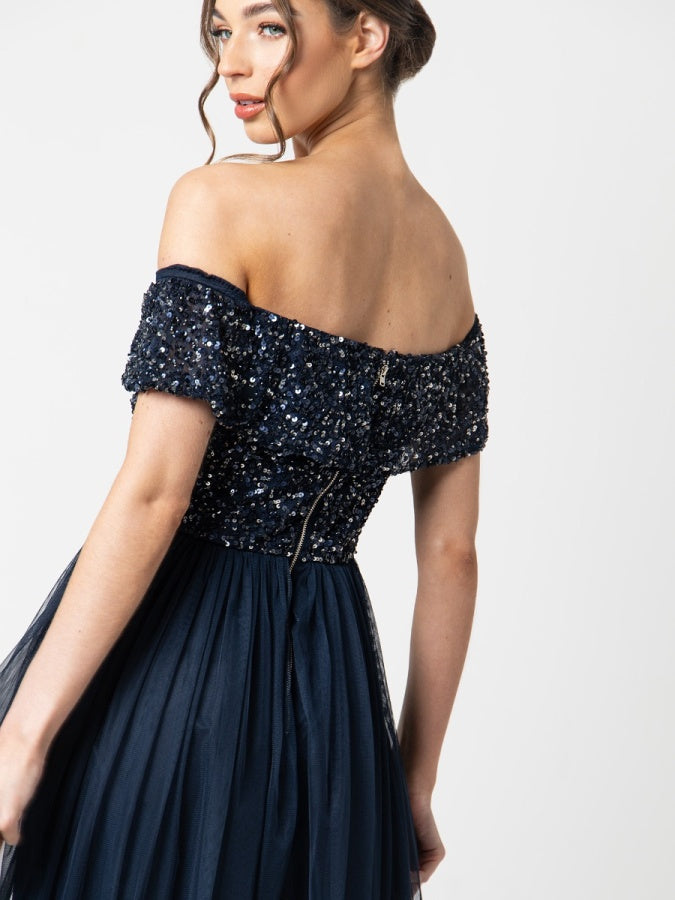 Maya Navy Bardot Embellished Midi Dress