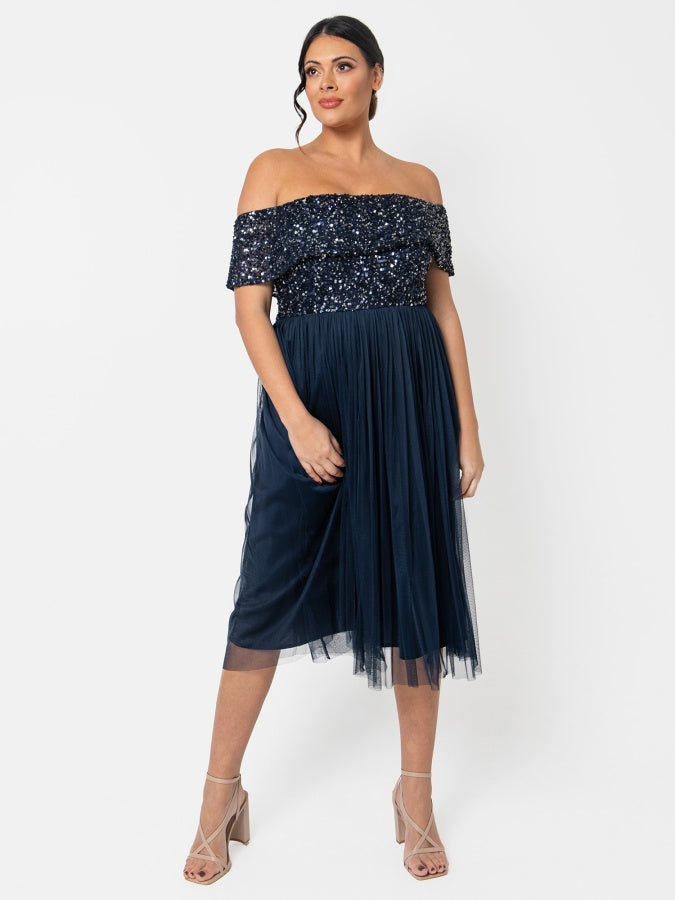 Maya Navy Bardot Embellished Midi Dress