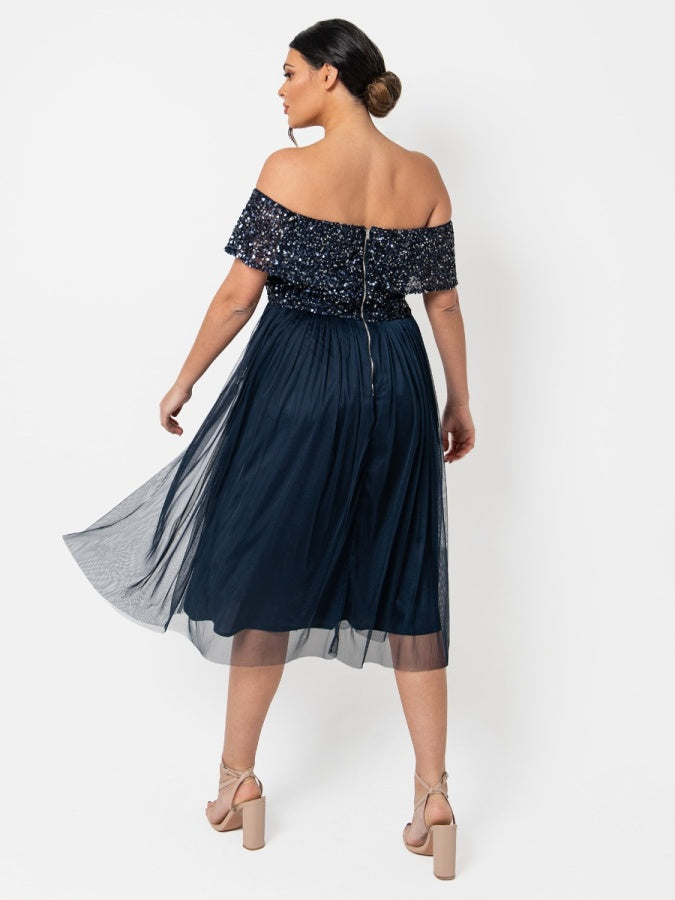Maya Navy Bardot Embellished Midi Dress