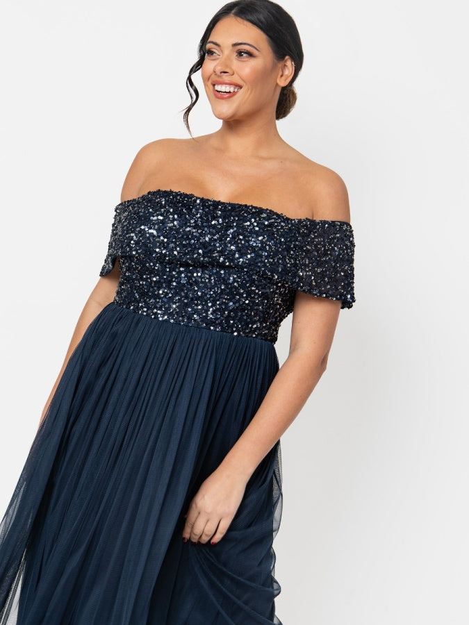 Maya Navy Bardot Embellished Midi Dress