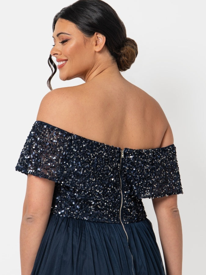 Maya Navy Bardot Embellished Midi Dress
