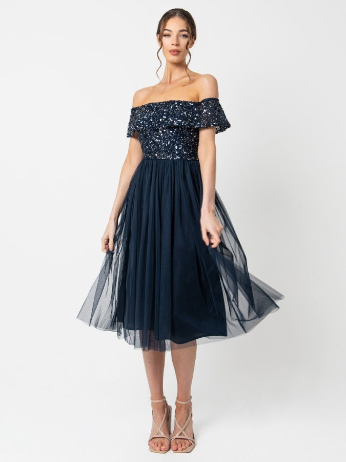 Maya Navy Bardot Embellished Midi Dress