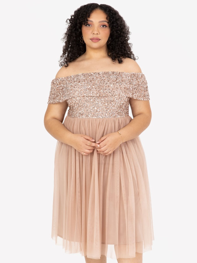 Maya Taupe Blush Bardot Embellished Midi Dress