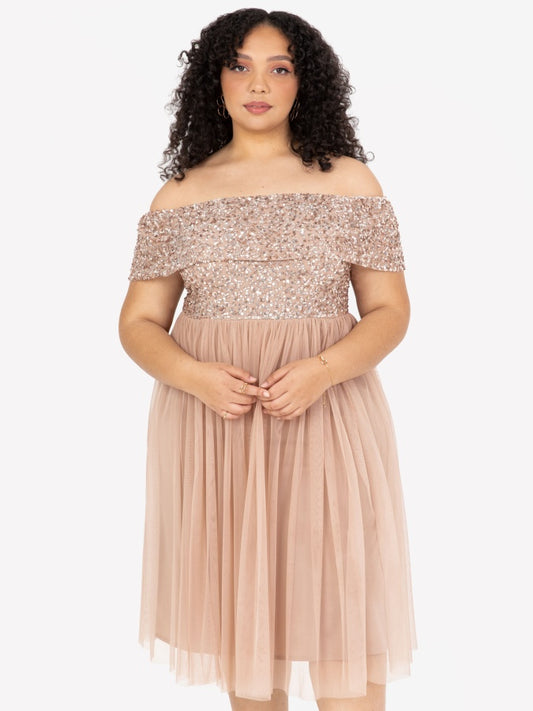 Maya Taupe Blush Bardot Embellished Midi Dress