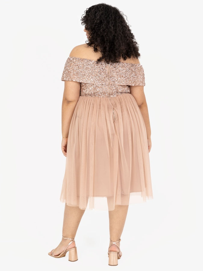 Maya Taupe Blush Bardot Embellished Midi Dress