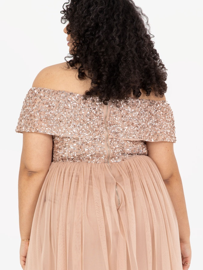Maya Taupe Blush Bardot Embellished Midi Dress