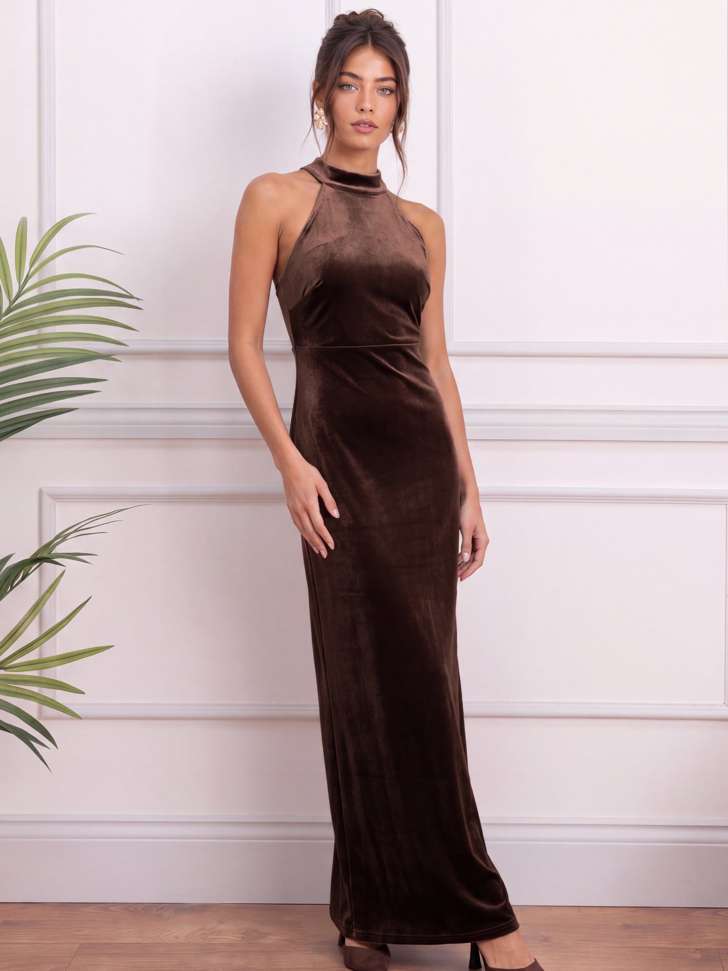 Maya Chocolate Halter Neck Velvet Maxi Dress