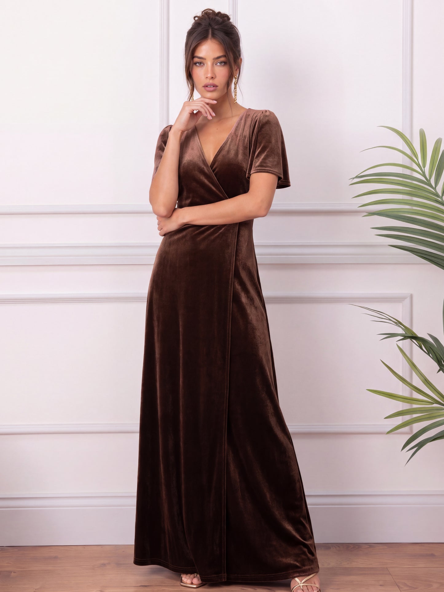 Maya Chocolate Faux Wrap Short Sleeve Velvet Maxi Dress