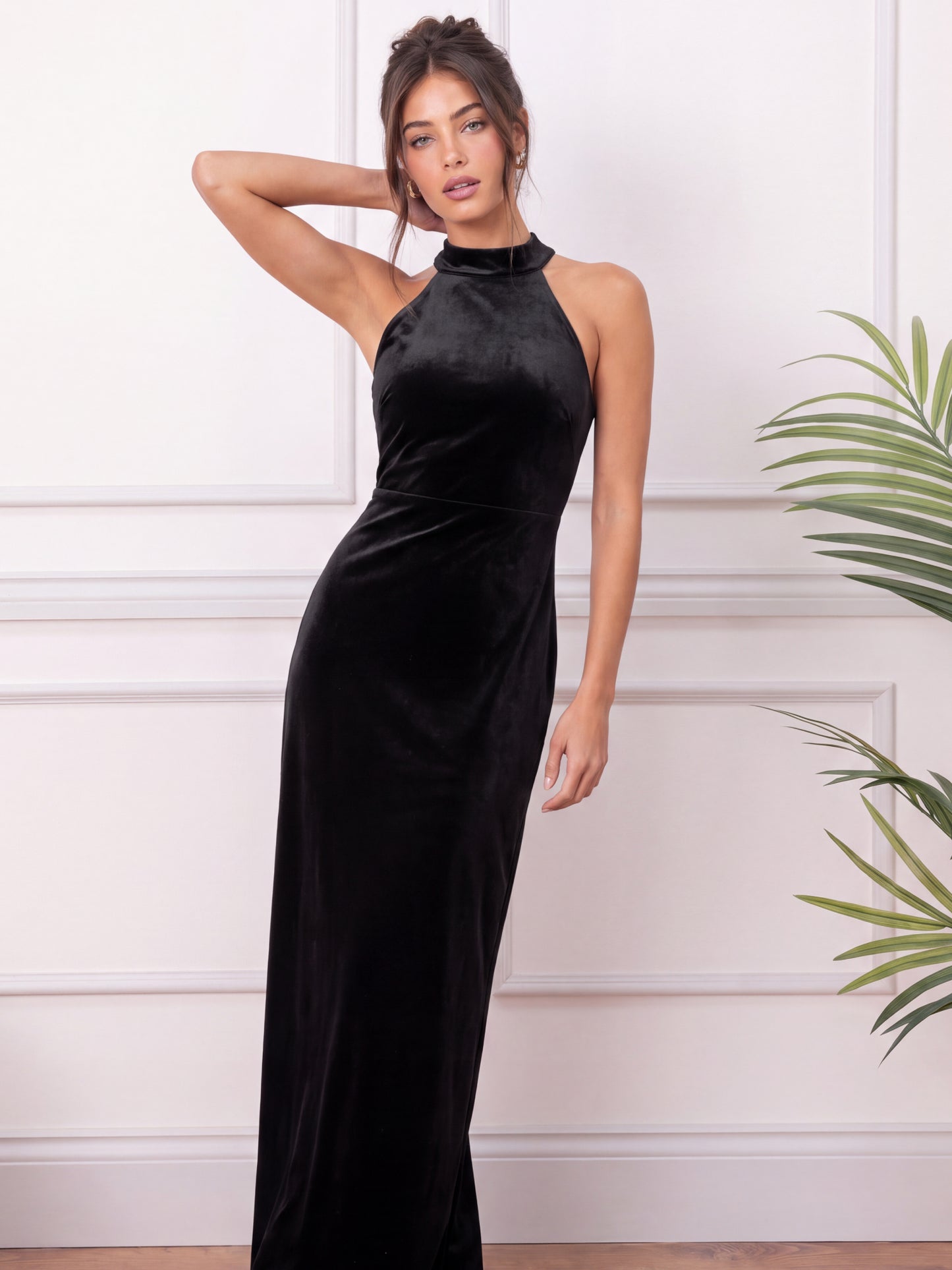 Maya Black Halter Neck Velvet Maxi Dress