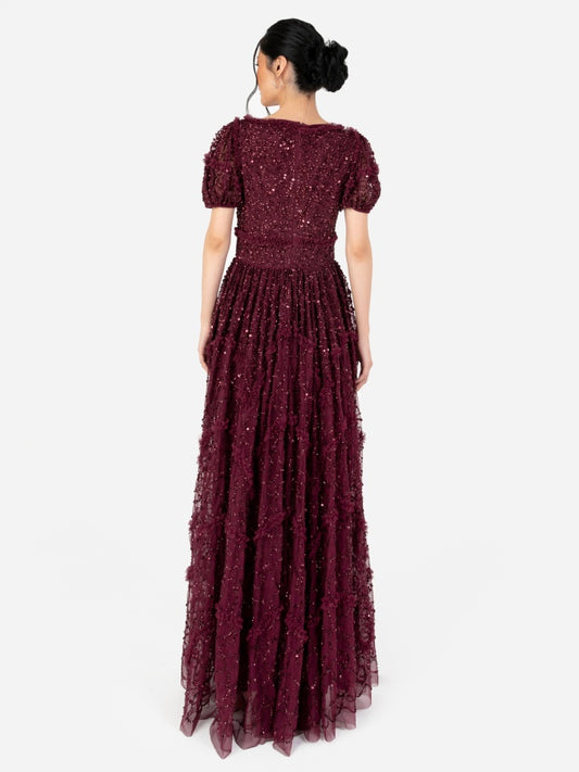 Maya Red All Over Embellished Maxi Dress with Frill Detail