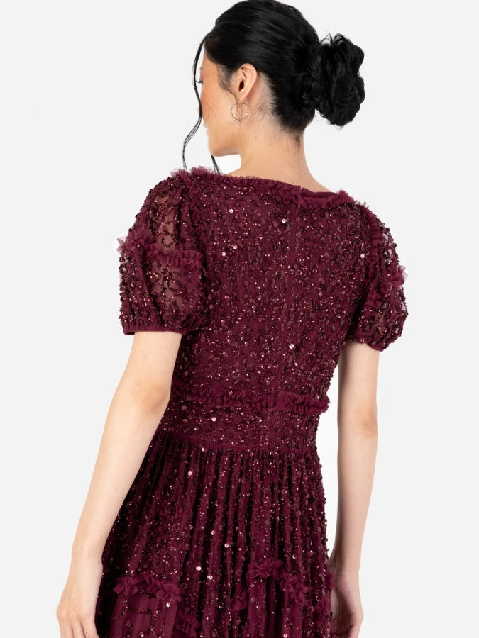 Maya Red All Over Embellished Maxi Dress with Frill Detail