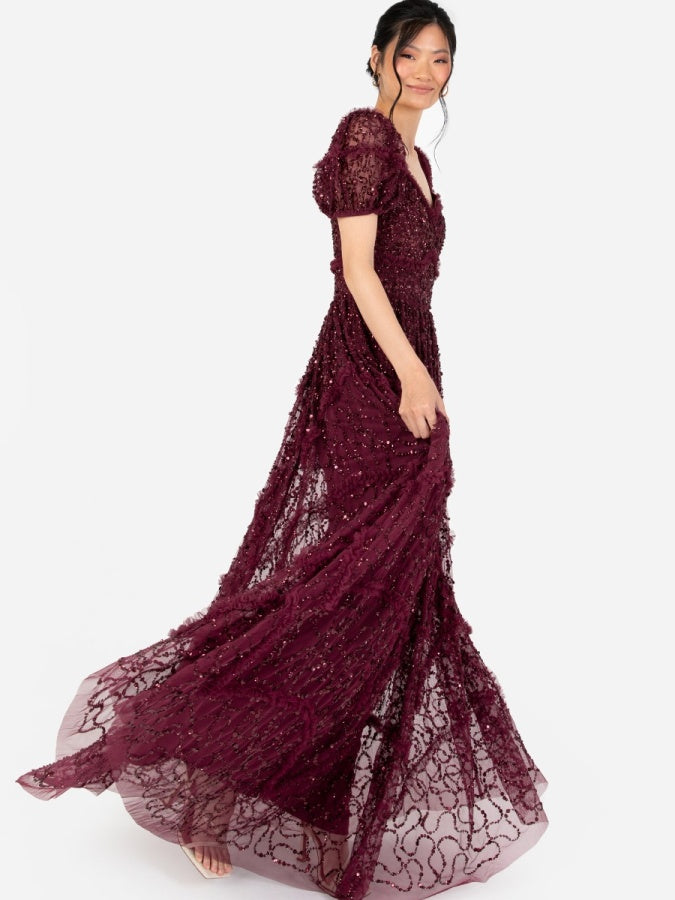 Maya Red All Over Embellished Maxi Dress with Frill Detail