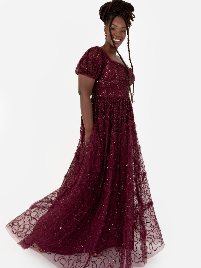 Maya Red All Over Embellished Maxi Dress with Frill Detail