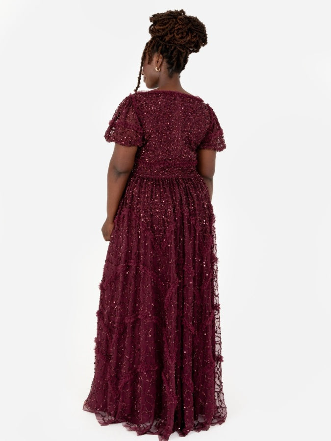 Maya Red All Over Embellished Maxi Dress with Frill Detail