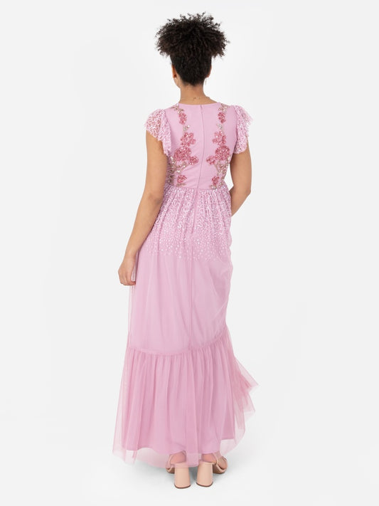 Maya Pink Rose Embellished Flutter Sleeve Maxi Dress
