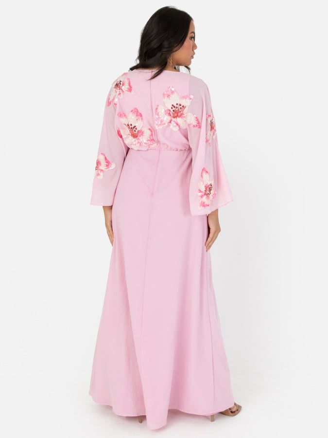 Maya Pink Floral Embellished Long Sleeve Maxi Dress
