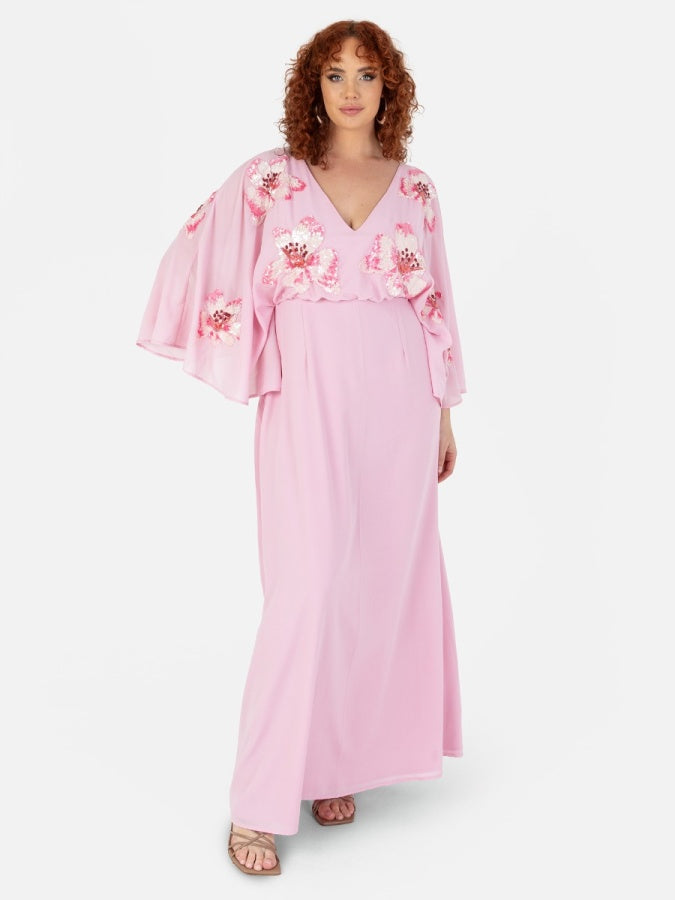 Maya Pink Floral Embellished Long Sleeve Maxi Dress