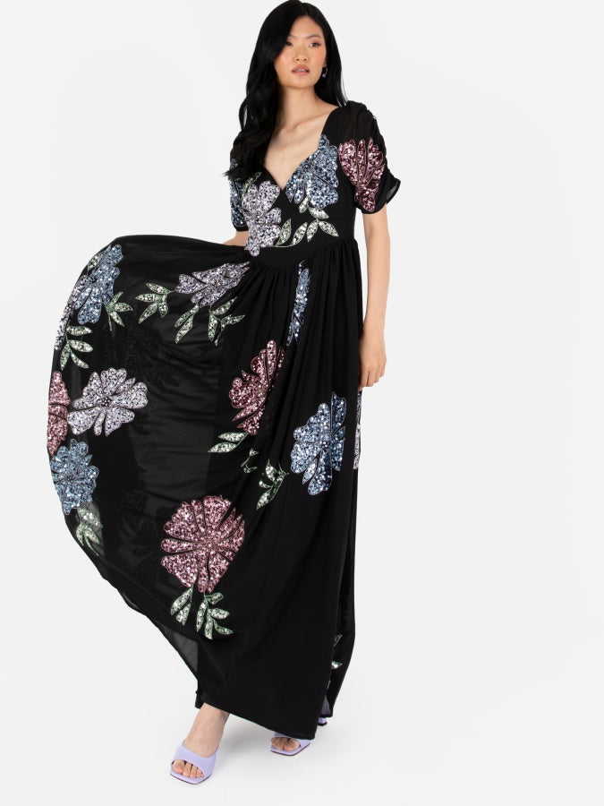 Maya Black Embellished Sweetheart Neck Maxi Dress