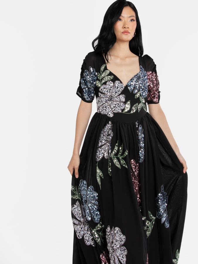 Maya Black Embellished Sweetheart Neck Maxi Dress
