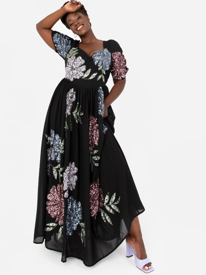 Maya Black Embellished Sweetheart Neck Maxi Dress