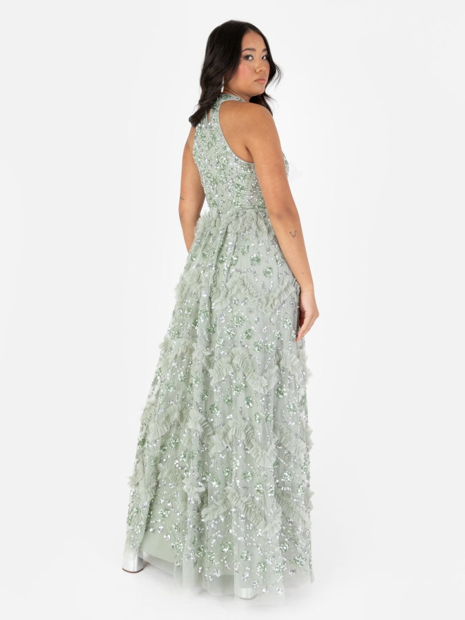 Maya Sage Green Fully Embellished Halter Neck Maxi Dress with Skirt Split
