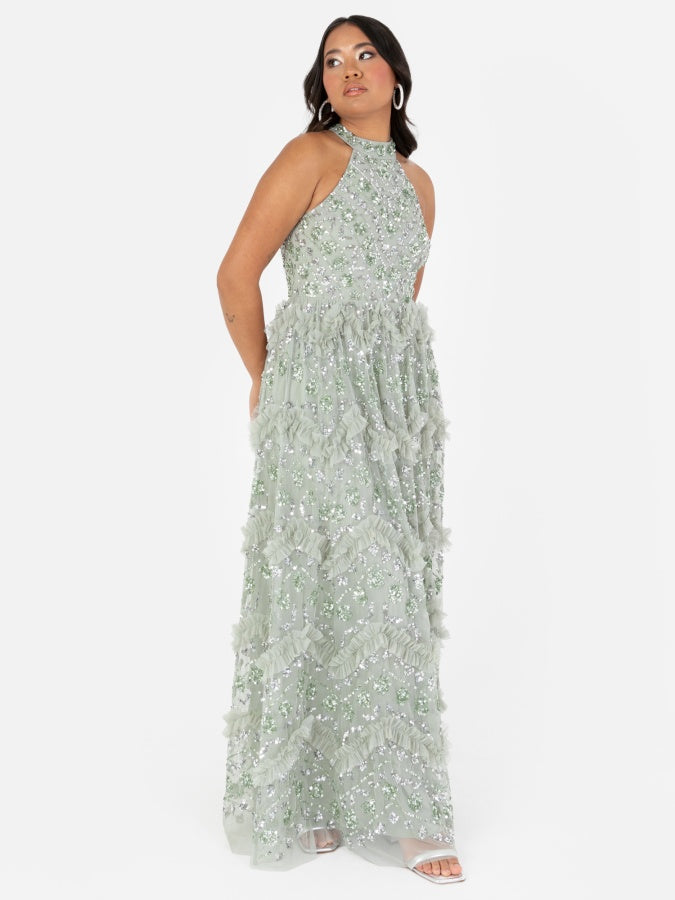 Maya Sage Green Fully Embellished Halter Neck Maxi Dress with Skirt Split