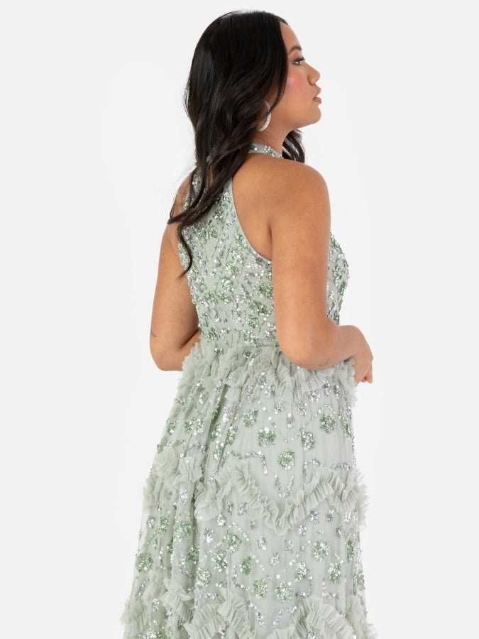 Maya Sage Green Fully Embellished Halter Neck Maxi Dress with Skirt Split